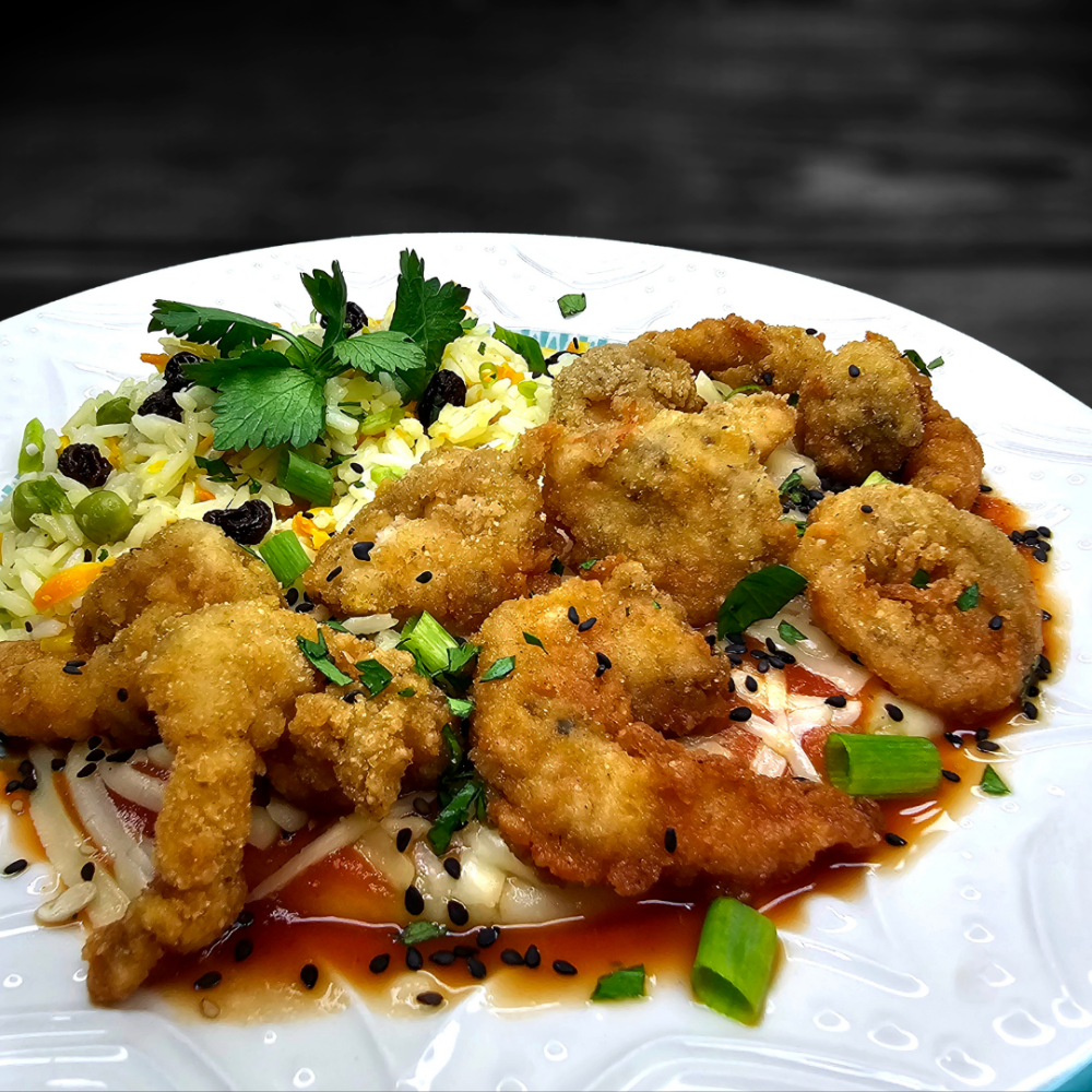 camarão a milanesa com arroz potiguar